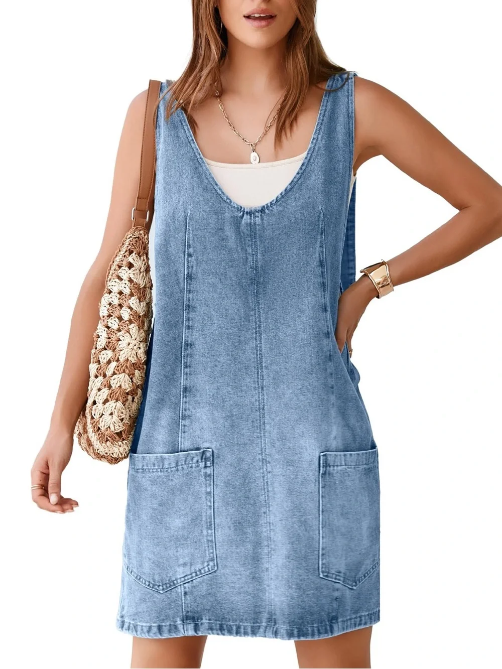 NWT Glamaker Denim Pinafore Mini Dress Adjustable Straps Patch Pockets Medium